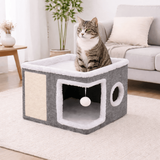 chat assis sur maisonnette chats cube amusante confortable grise