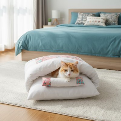 chat beige allonger dans lit pour chat design confortable