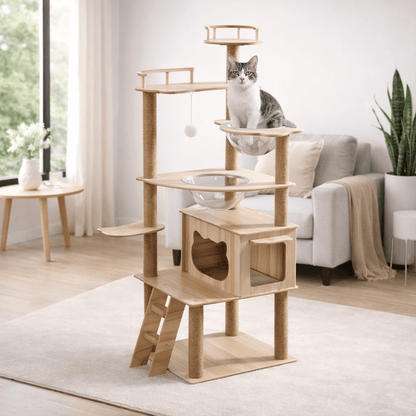 chat beige assis capsule arbre a chat en bois spacieux