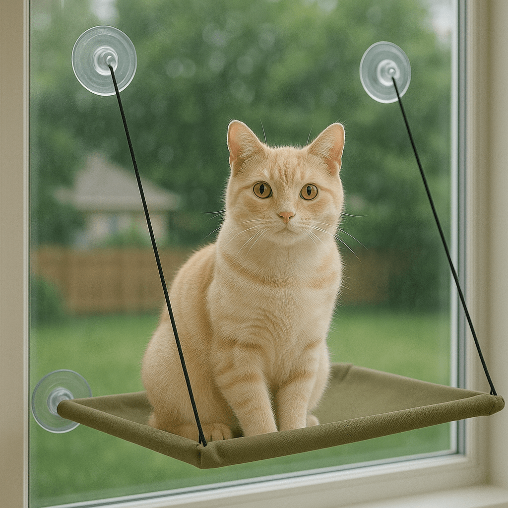 chat beige assis dans son hamac chat fenetre confortable