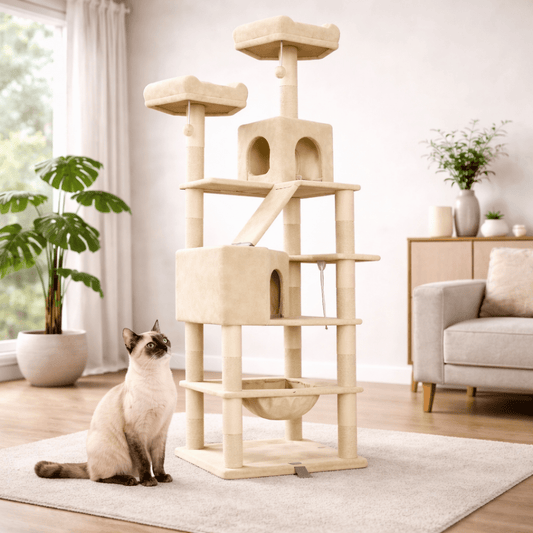 chat beige assis devant arbre à chat en bois xxl 
