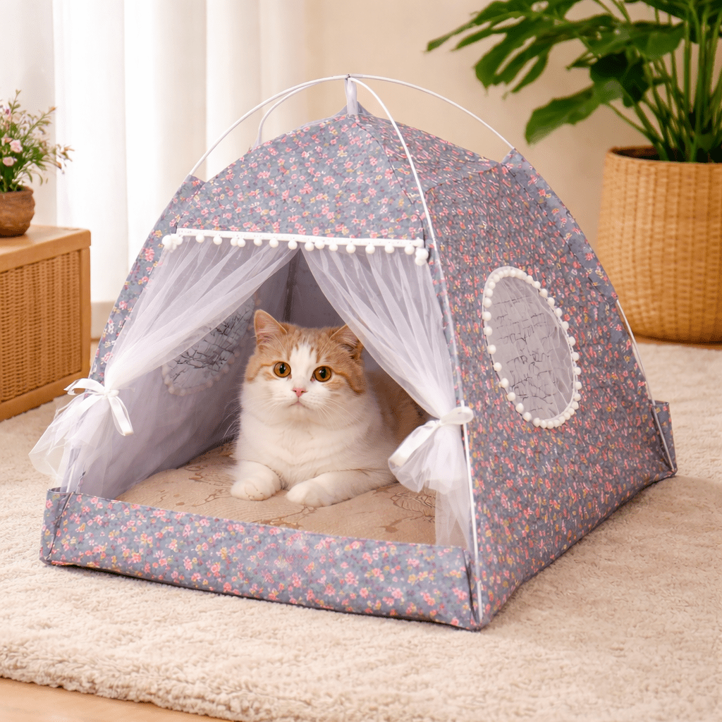 chat beige couche dans tente pour chat fleuri confortable grise