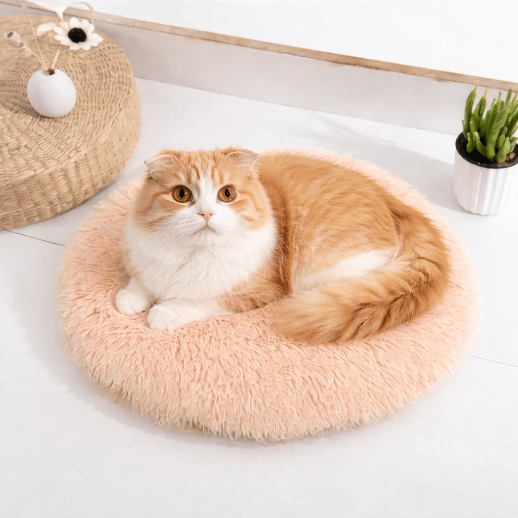 chat beige couche sur coussin chat rond doux beige