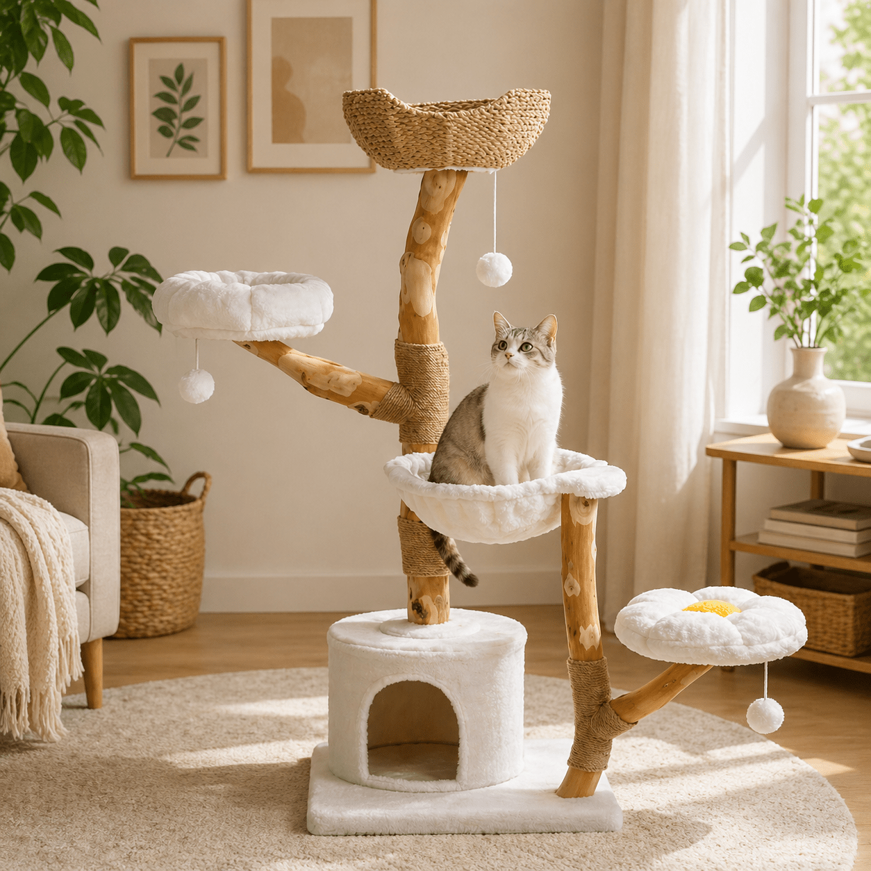 chat beige dans arbre a chat nuage tronc bois confortable