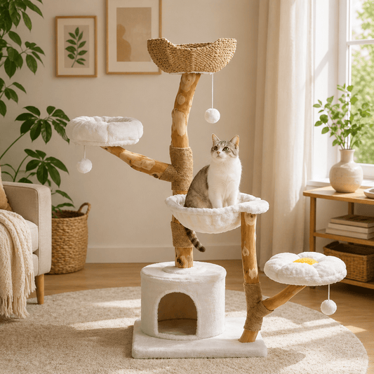 chat beige dans arbre a chat nuage tronc bois confortable