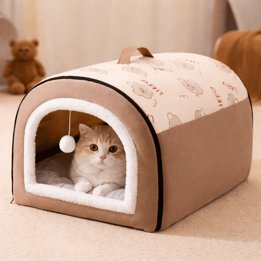 chat beige dans chat niche portative brune confortable avec balle