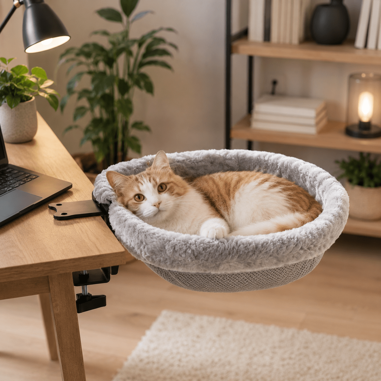 chat beige dans hamac chat suspendu bureau gris confortable