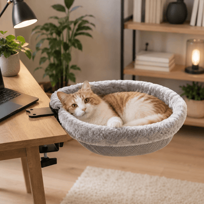 chat beige dans hamac chat suspendu bureau gris confortable