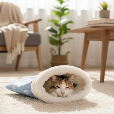 chat beige dans lit pour chat confortable design lapin