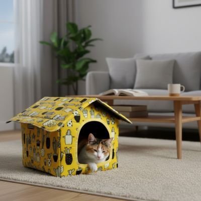 chat beige dans maison pour chat jaune confortable