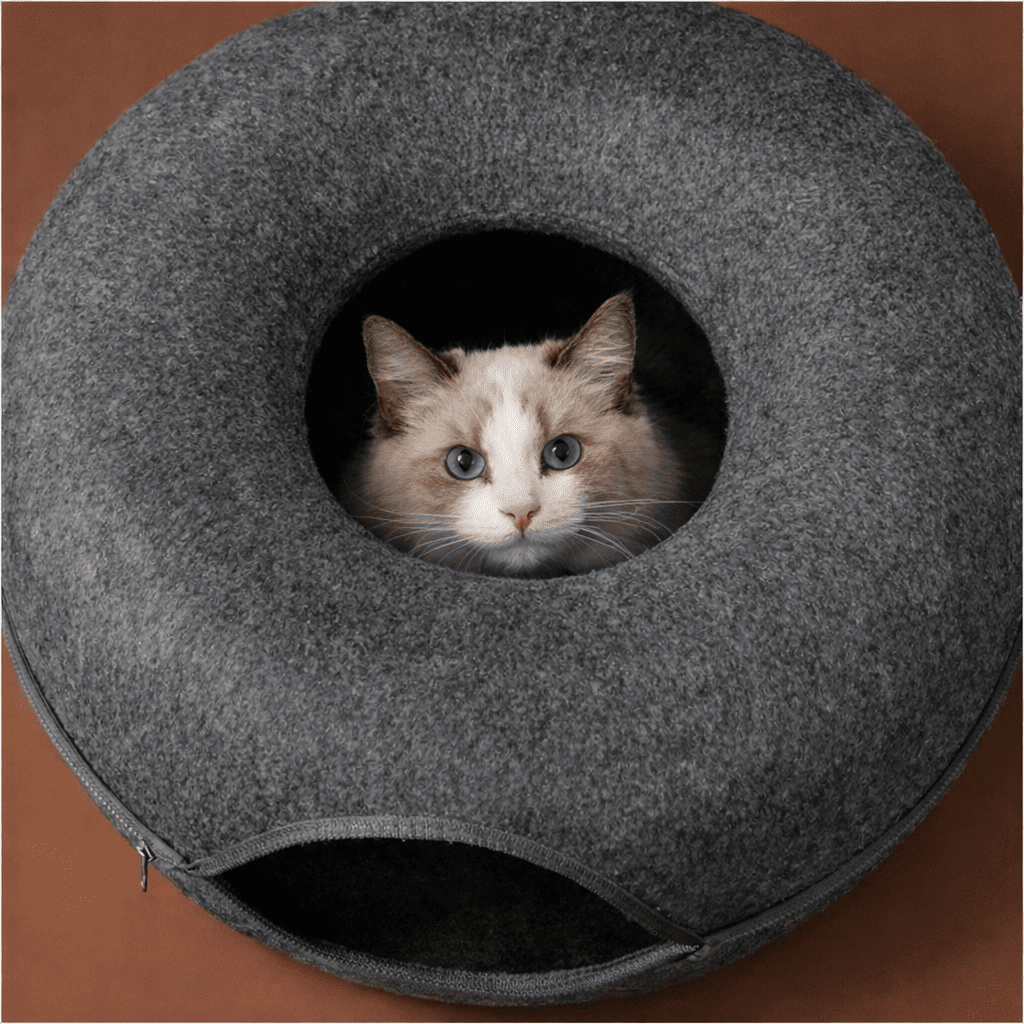 chat beige dans niche chat beignet feutre confortable gris