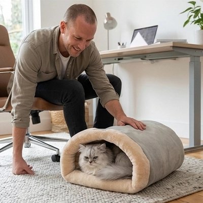 chat beige dans sac de couchage chat chaud