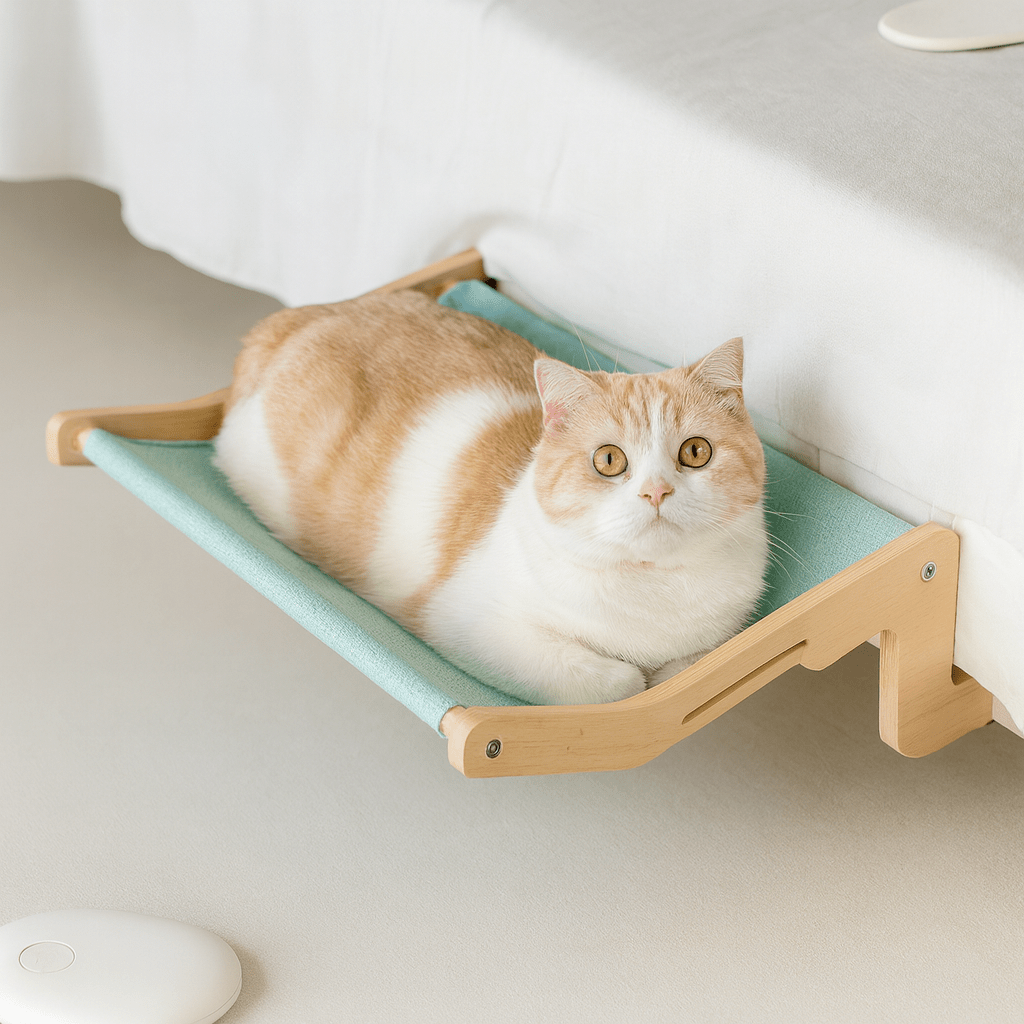 chat beige dans son hamac pour chat bleu confortable