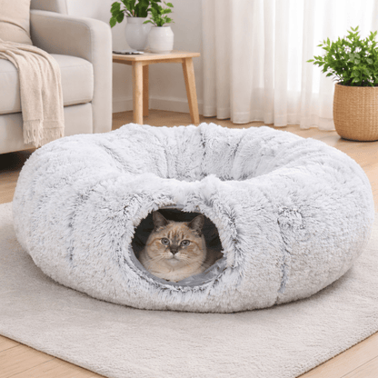 chat beige detendu dans niche chat tunnel gris doux confortable