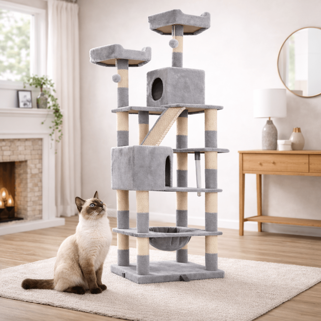 chat beige devant arbre à chat en bois xxl 