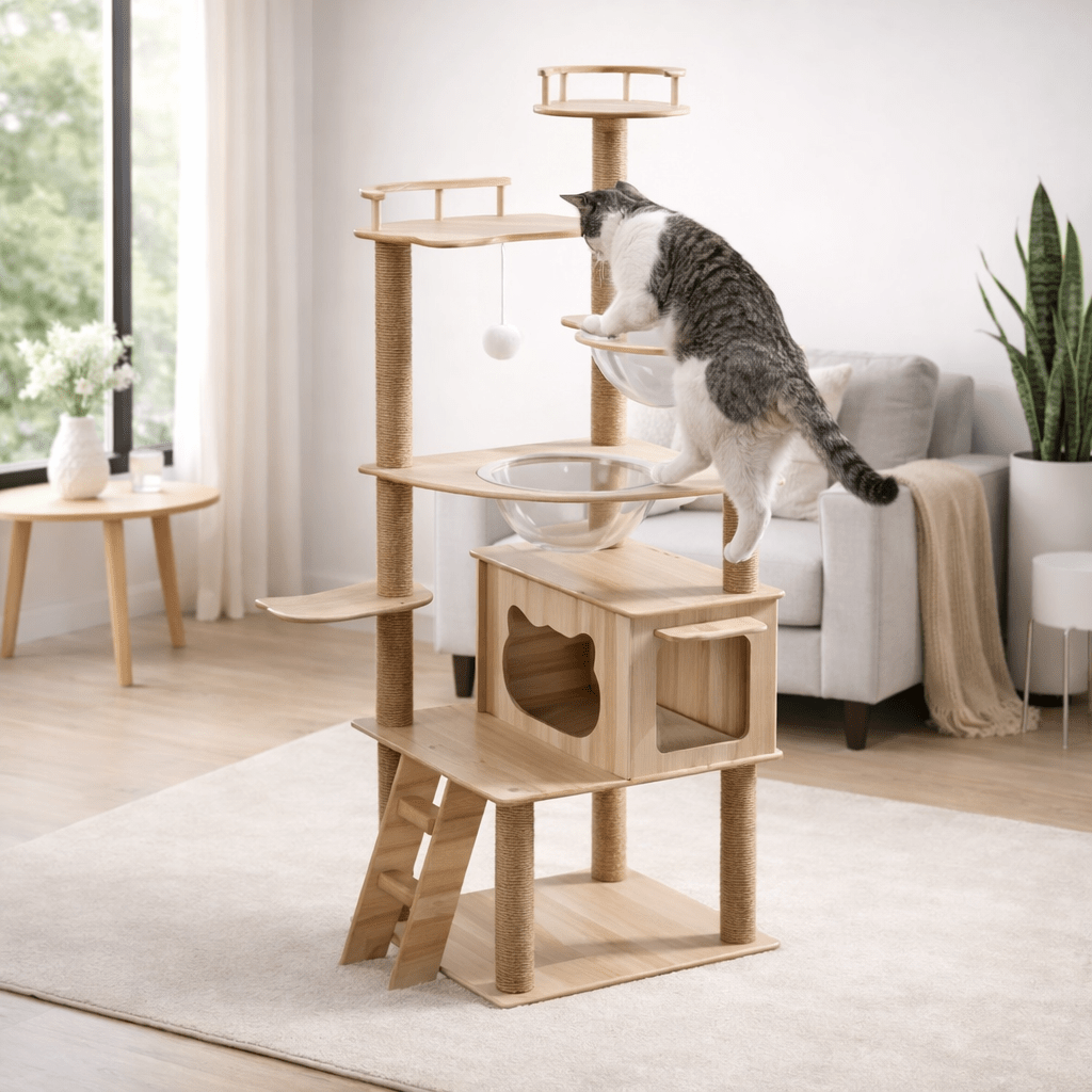 chat beige grimpant dans arbre a chat  design en bois spacieux