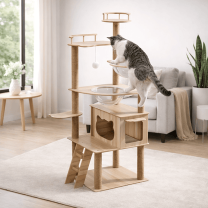 chat beige grimpant dans arbre a chat  design en bois spacieux