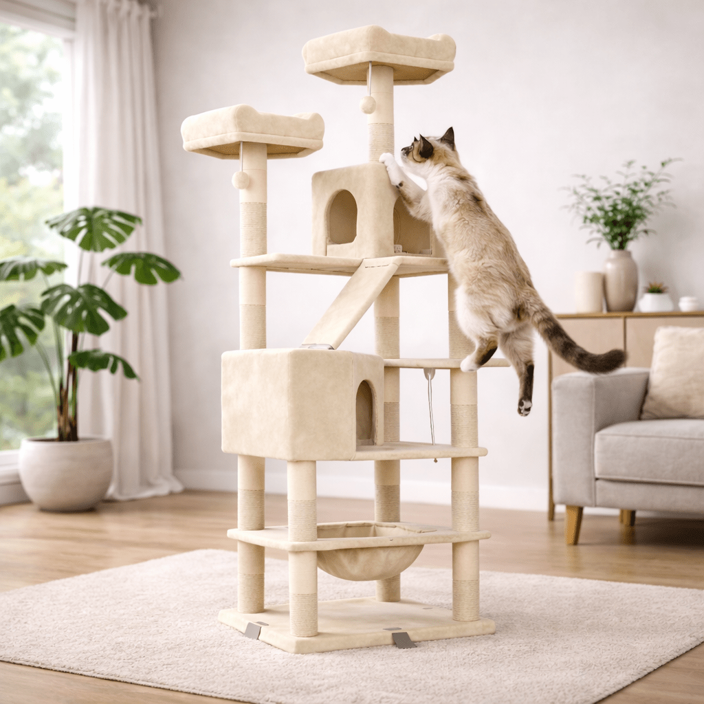 chat beige grimpant dans arbre à chat en bois xxl 