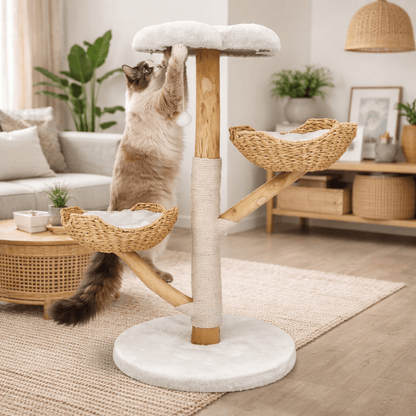 chat beige grimpant dans petit arbre a chat nuage en bois