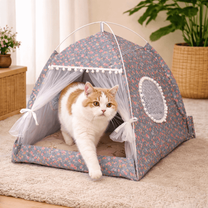 chat beige sortant tente pour chat fleuri confortable grise