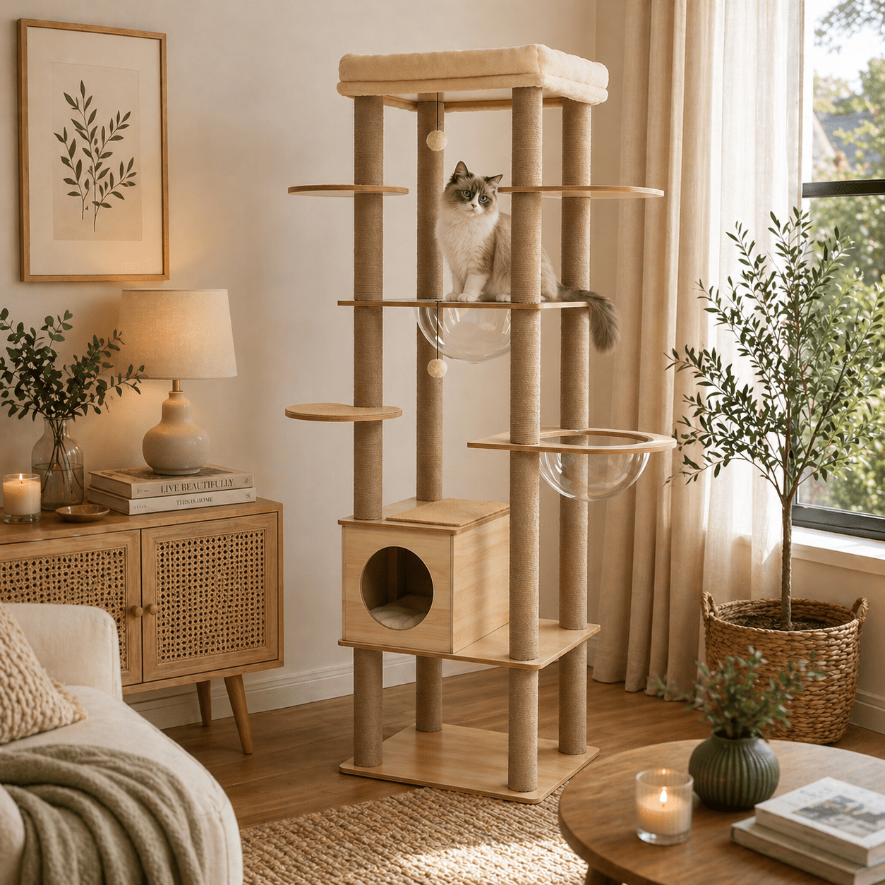 chat beige sur arbre a chat scandinave compact plusieurs niveaux bois