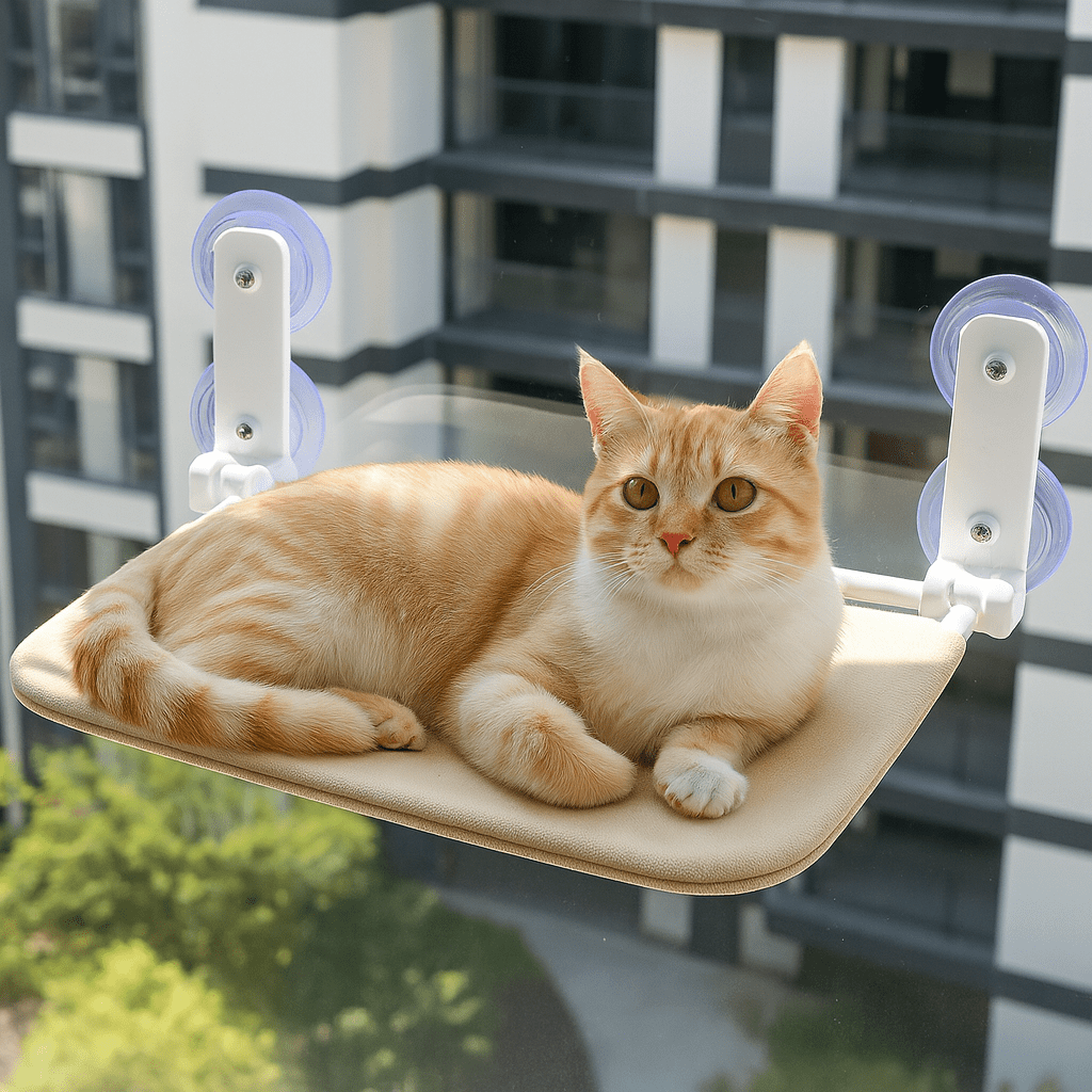 chat beige sur hamac chat fenetre ventouses confortable beige