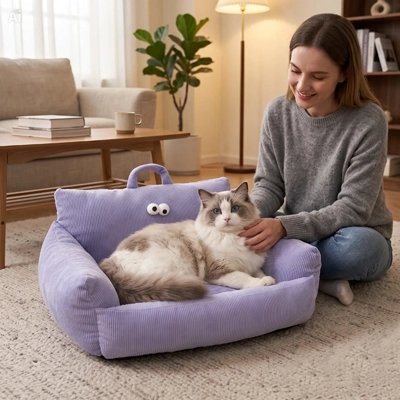 chat beige sur petit canape chat violet