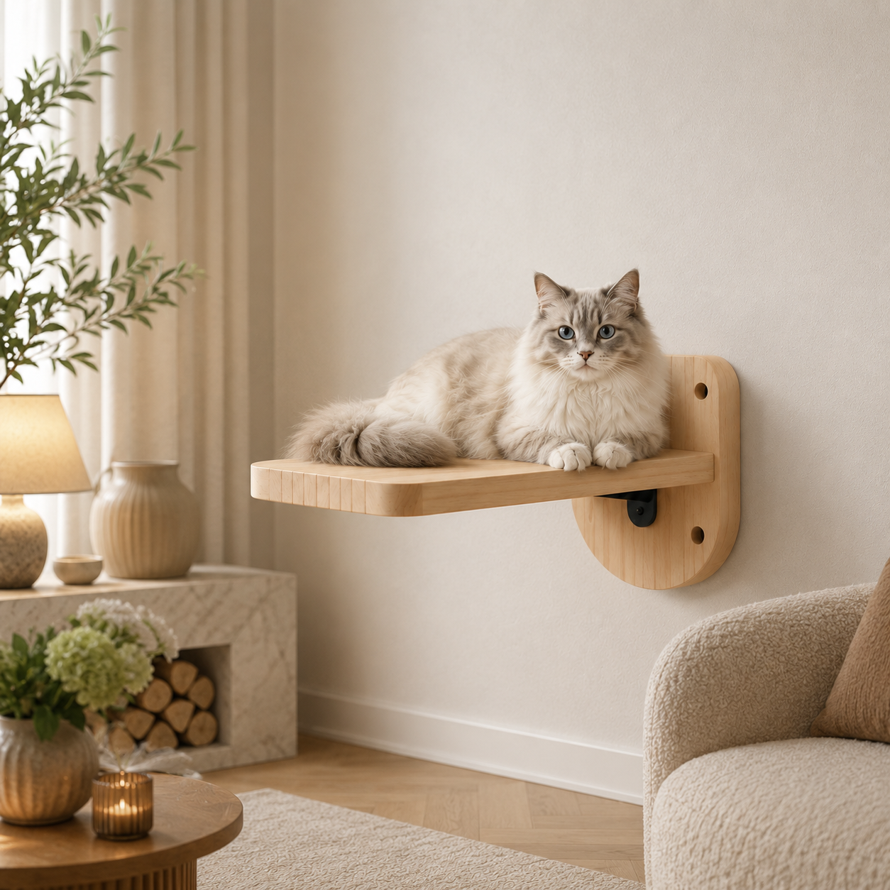 chat blanc allonge sur plateforme murale pour chat en bois
