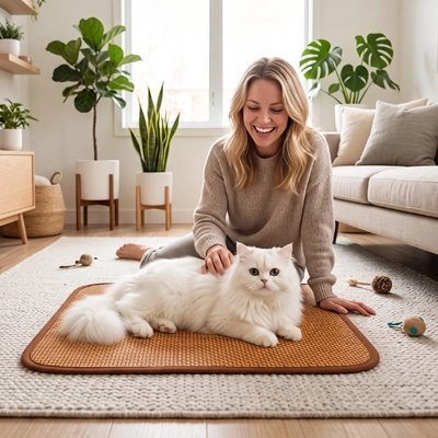 chat blanc allonger sur tapis rafraichissant chat rotin