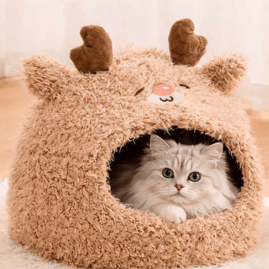 chat blanc couche dans niche chat douce brune design renne mignon