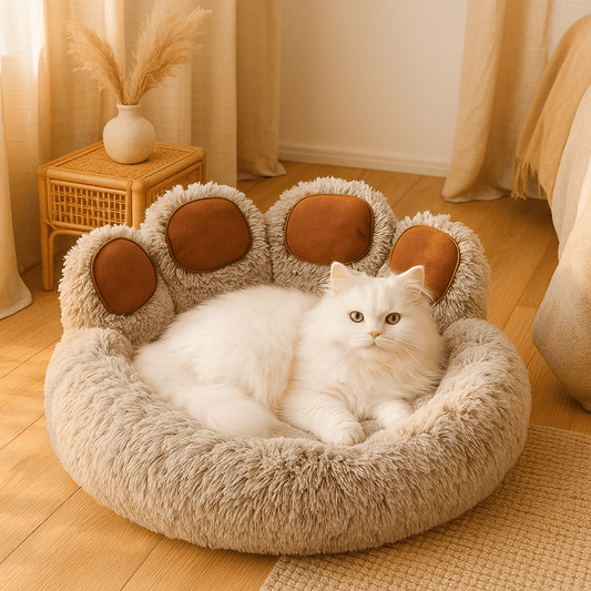 chat blanc dans coussin chat forme patte ours doux brun