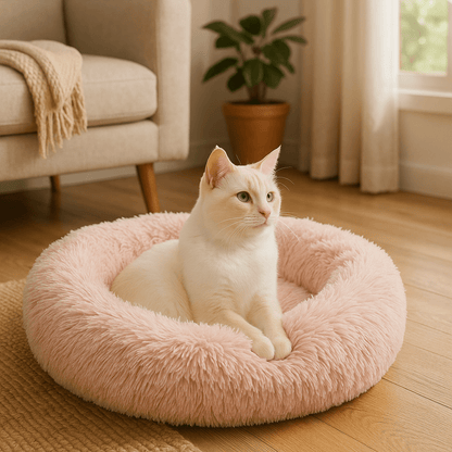 chat blanc dans coussin chat peluche douce en rond beige