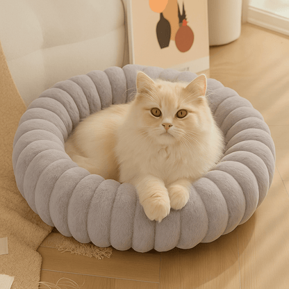 chat blanc dans coussin pour chat rond doux chaud gris