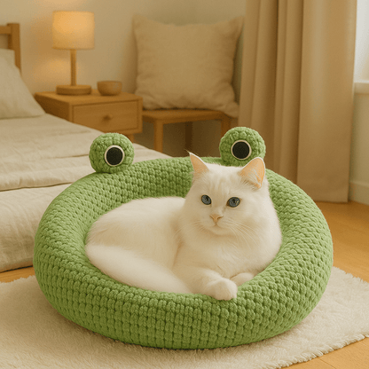 chat blanc dans coussin pour chat rond grenouille verte moelleux