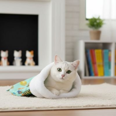 chat blanc dans lit pour chat confortable design poisson