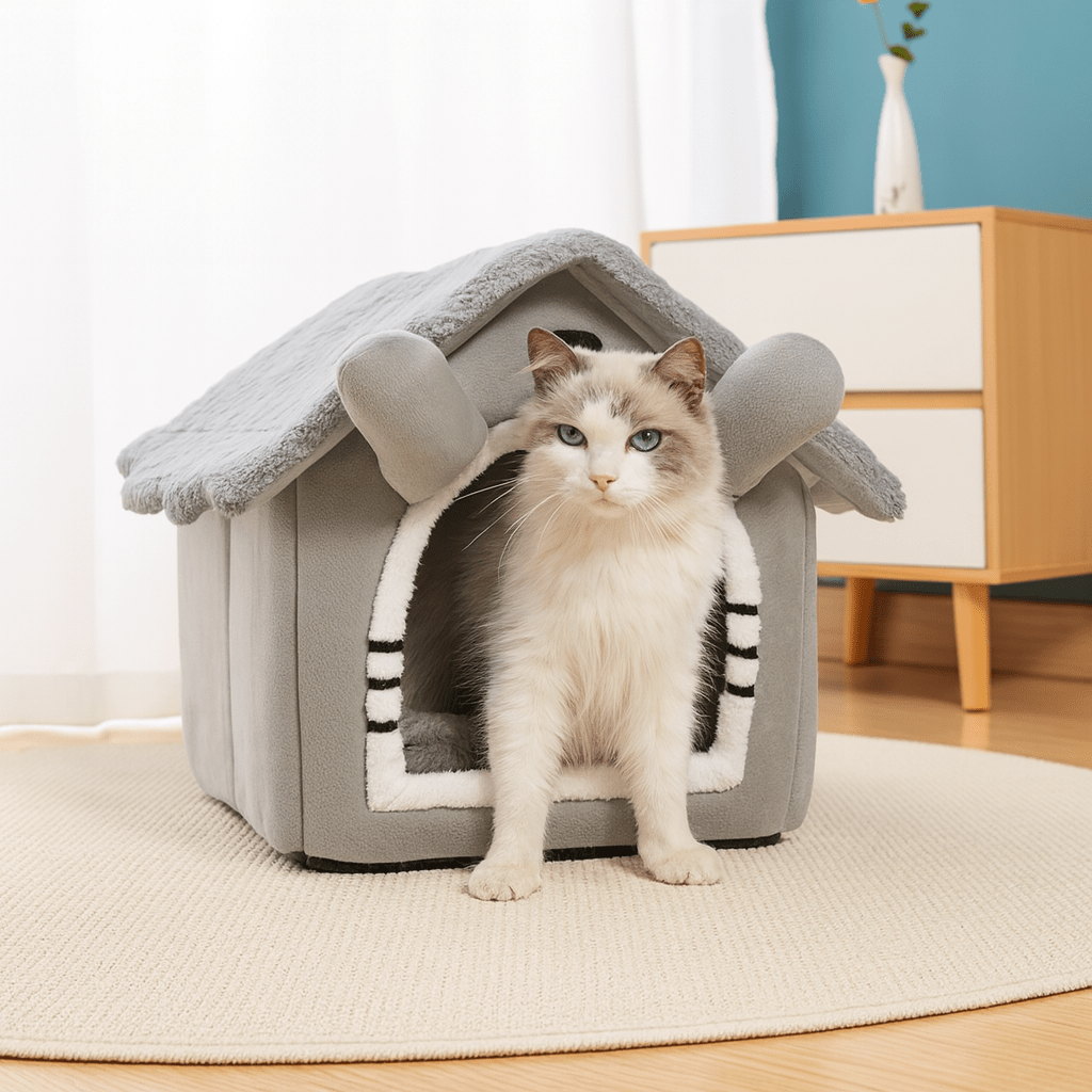 chat blanc dans maison pour chat design mignon gris doux