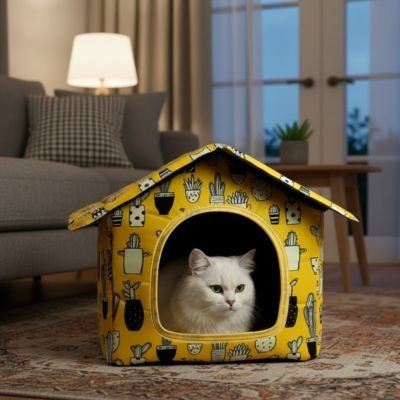 chat blanc dans maison pour chat jaune confortable