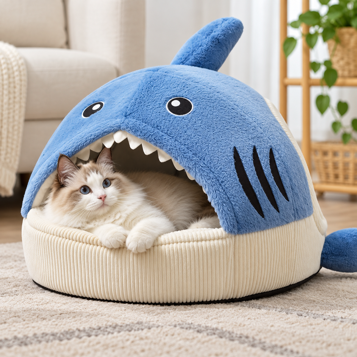 chat blanc dans niche chat design requin