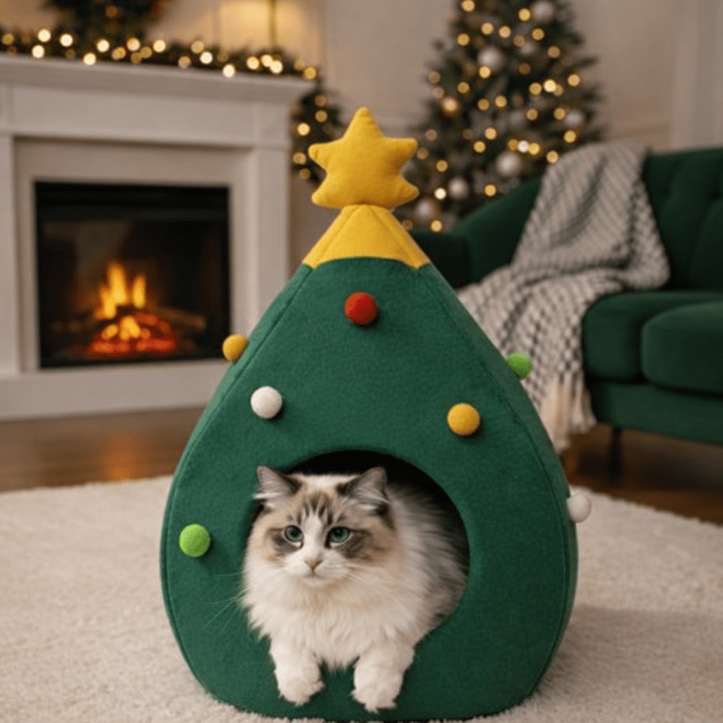 chat blanc dans niche pour chat design sapin noel 