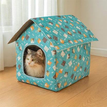 chat blanc dans niche pour chat extérieur impermeable bleu