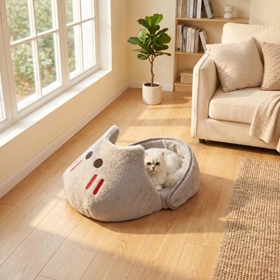 chat blanc dans panier chat design chausson requin doux
