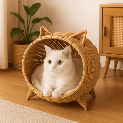 chat blanc dans panier chat osier design chat confortable respirant