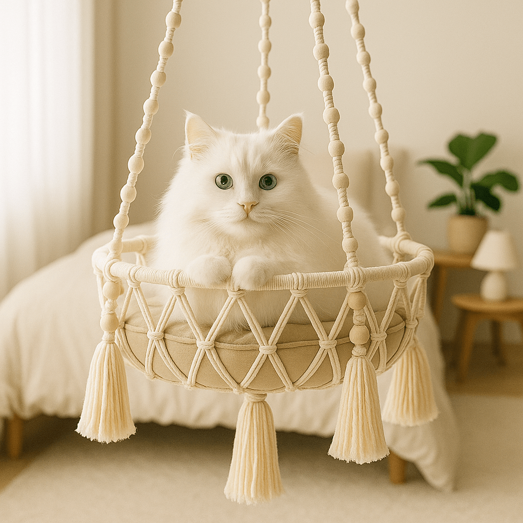 chat blanc dans son hamac pour chat suspendu confortable