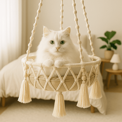 chat blanc dans son hamac pour chat suspendu confortable
