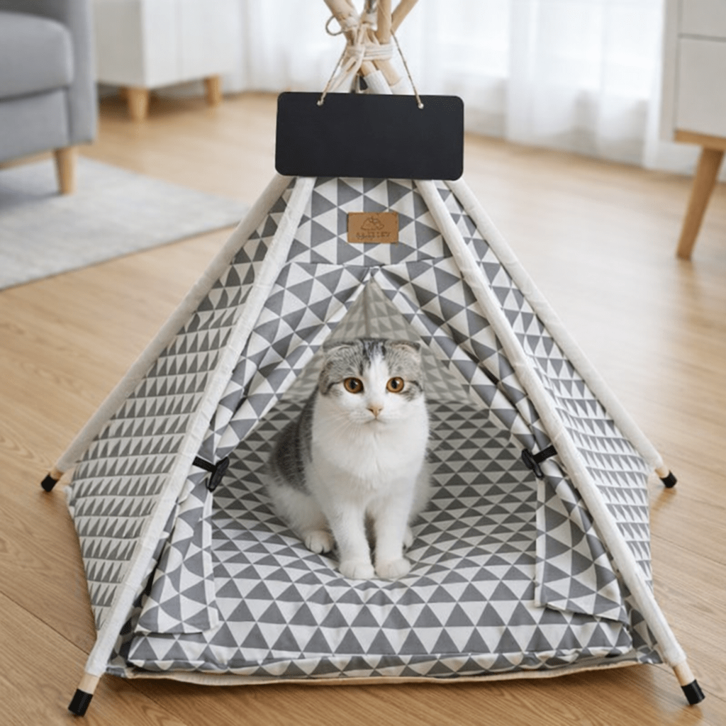 chat blanc dans tente pour chat confortable design triangle gris