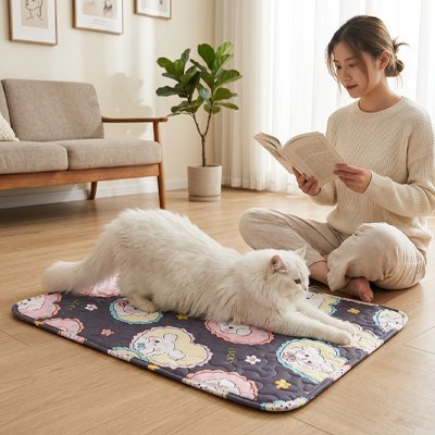 chat blanc jouant sur tapis rafraichissant chat