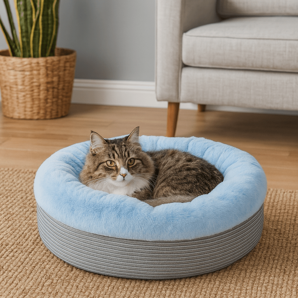 chat brun dans coussin pour chat rond douillet doux bleu