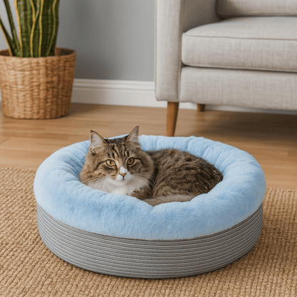 chat brun dans coussin pour chat rond douillet doux bleu
