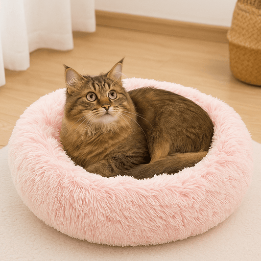 chat brun sur grotte coussin chat rond rose peluche douce
