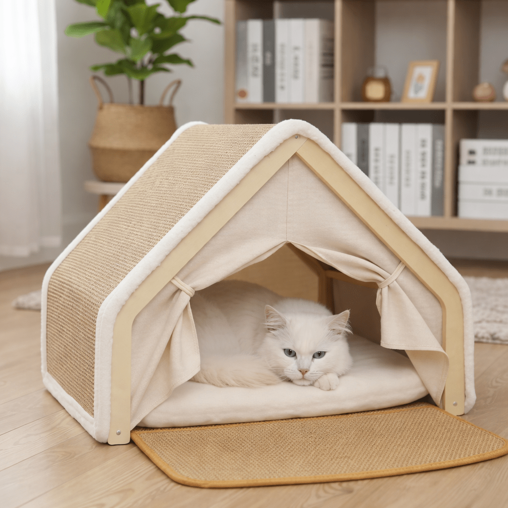 chat confortablement installe dans sa maison pour chat avec tapis moelleux